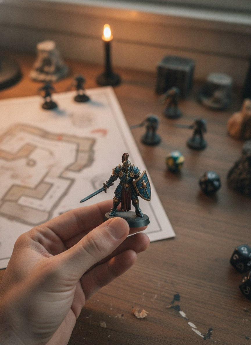 A painted miniature held over a game table