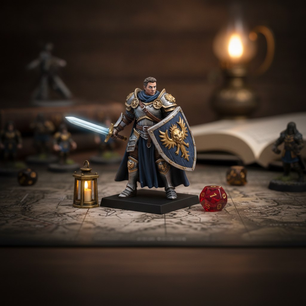 A full-colour knight miniature on a battle map