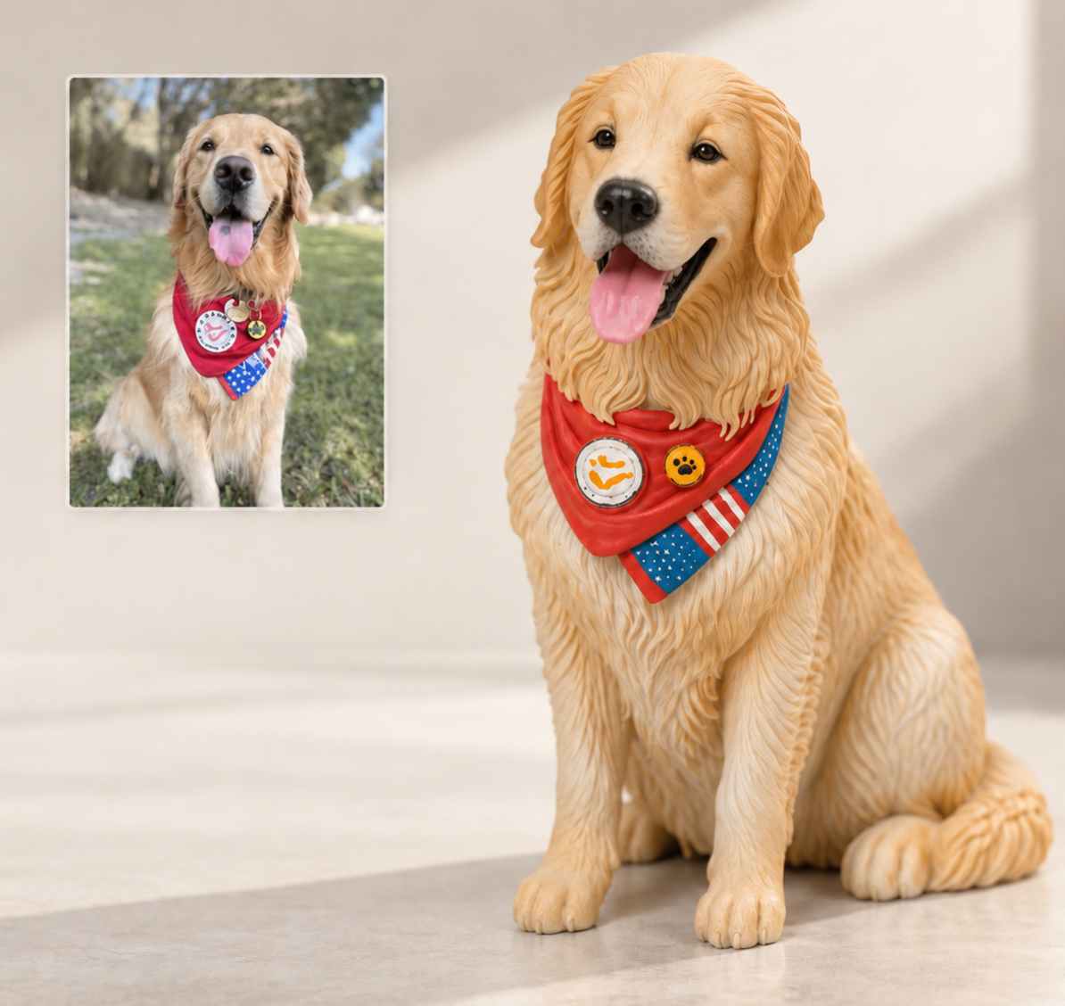 Actual golden retriever figurine with red bandana