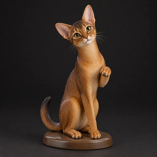 Abyssinian Cat figurine in paw up pose, studio view