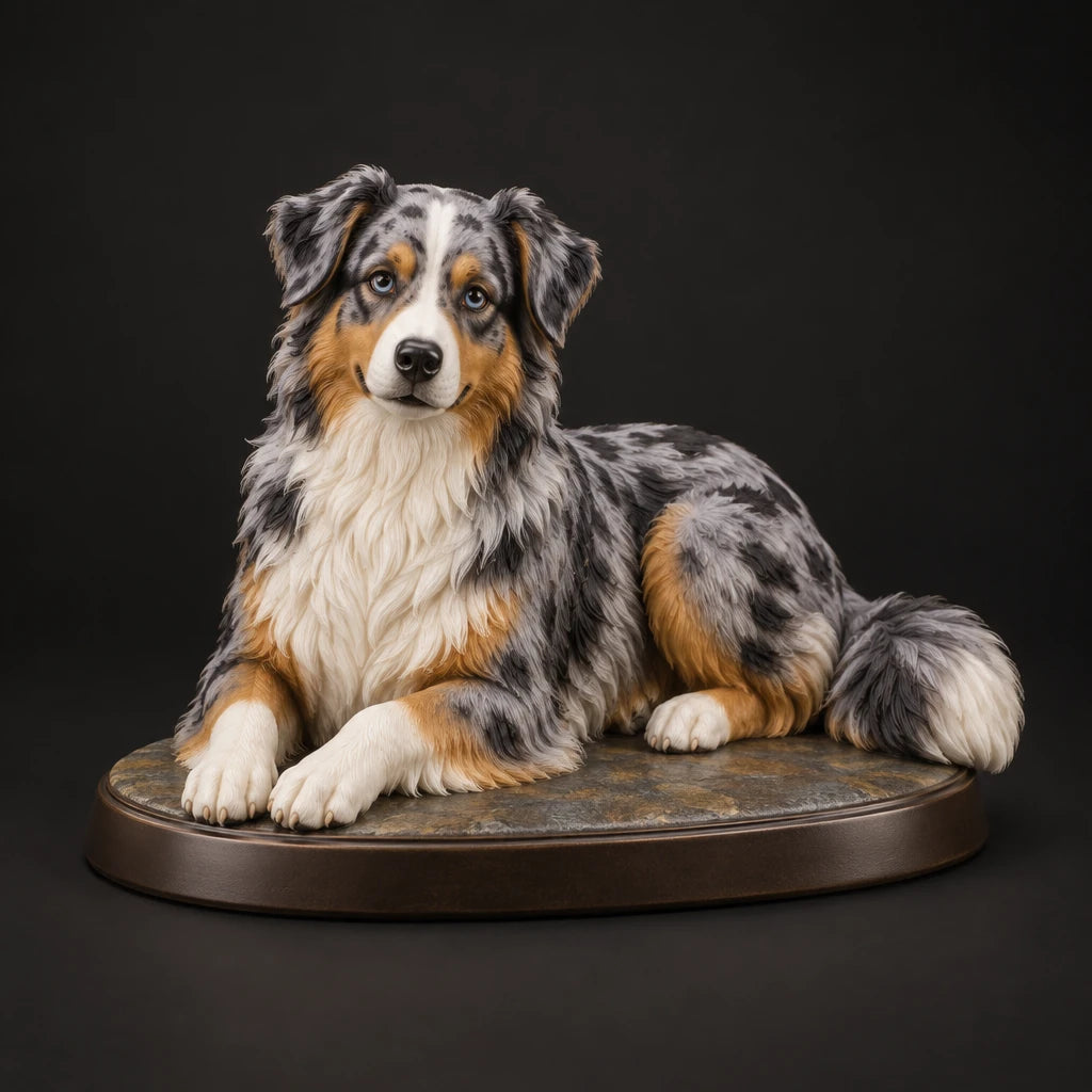 Australian Shepherd figurine in lying relaxed pose, studio view