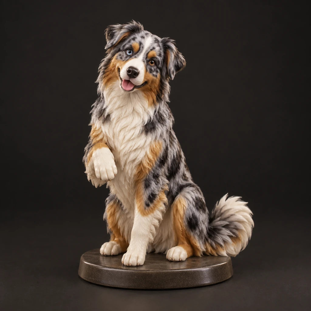 Australian Shepherd figurine in paw up pose, studio view