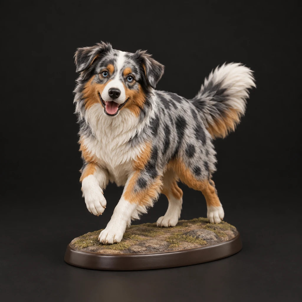 Australian Shepherd figurine in playful run pose, studio view
