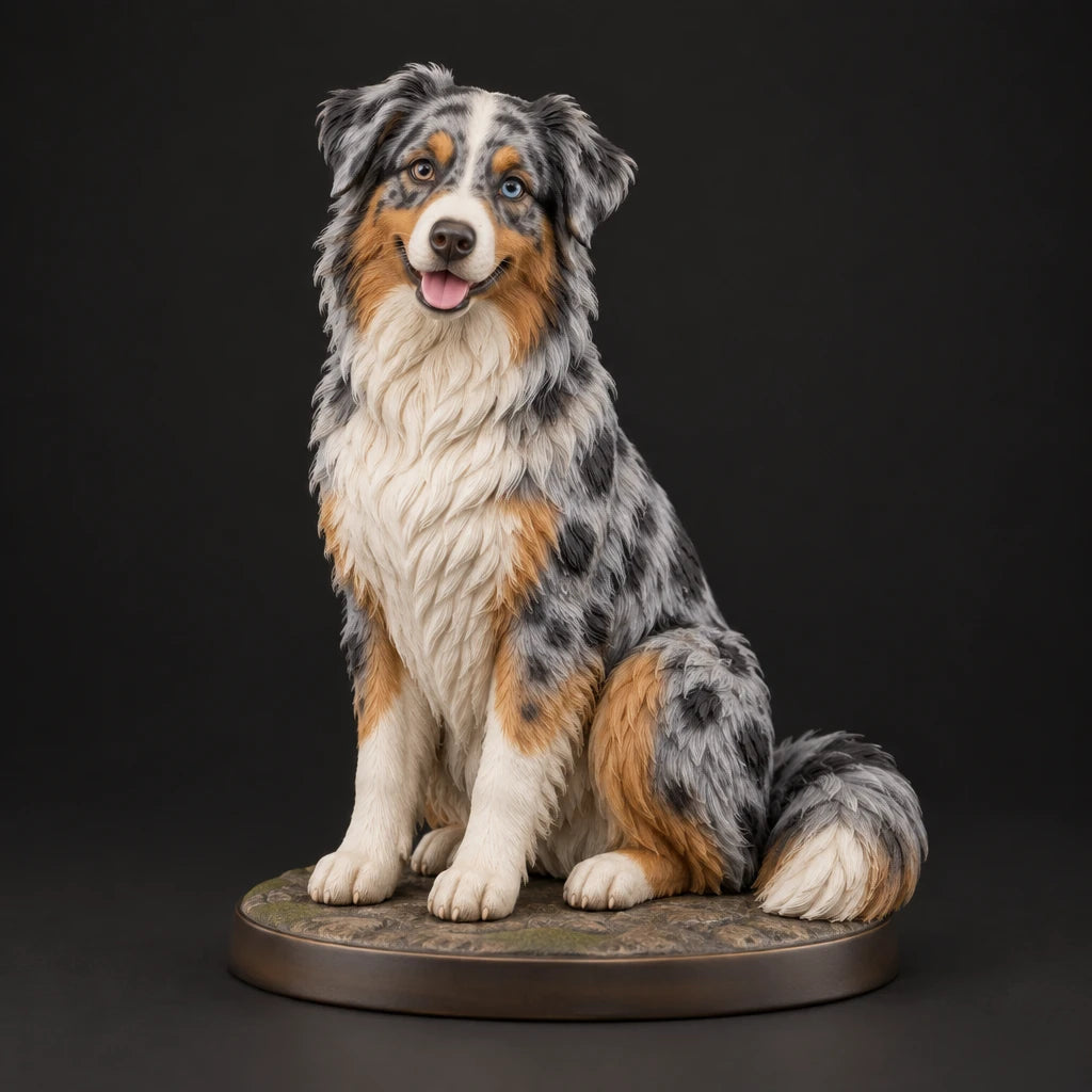 Australian Shepherd figurine in sitting happy pose, studio view