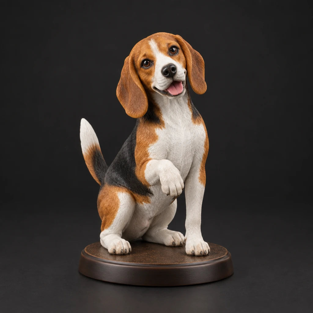 Beagle figurine in paw up pose, studio view