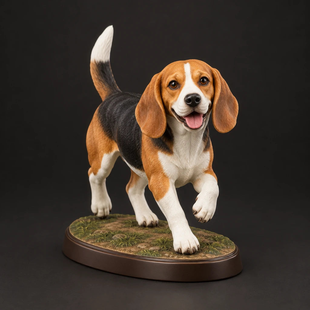 Beagle figurine in playful run pose, studio view