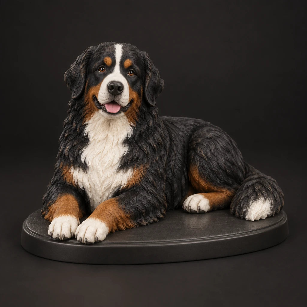 Bernese Mountain Dog figurine in lying relaxed pose, studio view