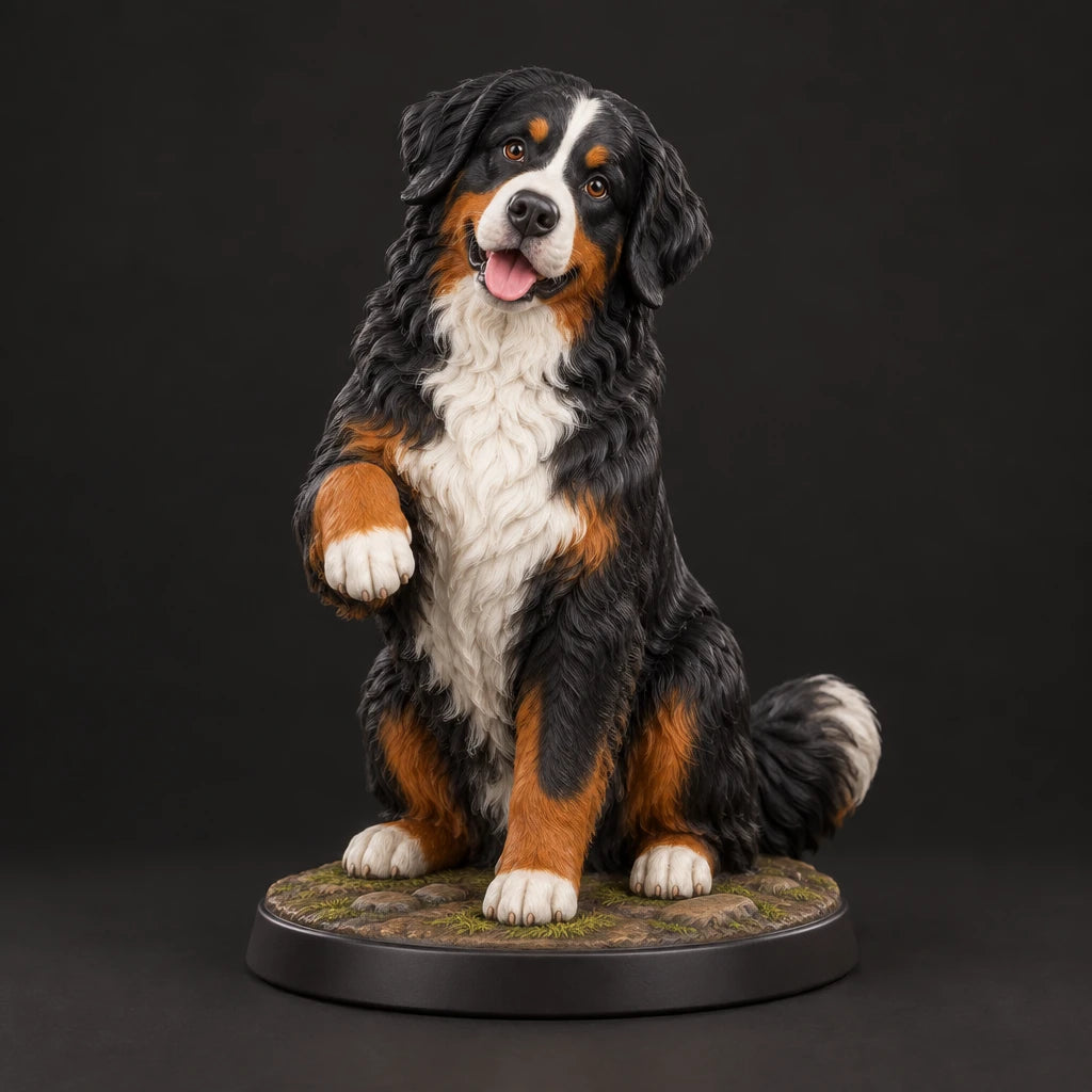 Bernese Mountain Dog figurine in paw up pose, studio view