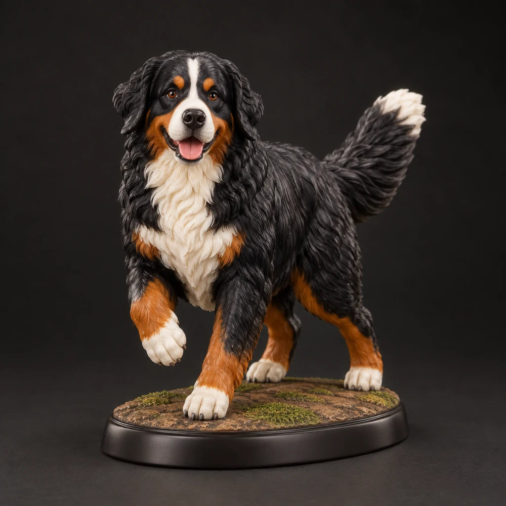 Bernese Mountain Dog figurine in playful run pose, studio view