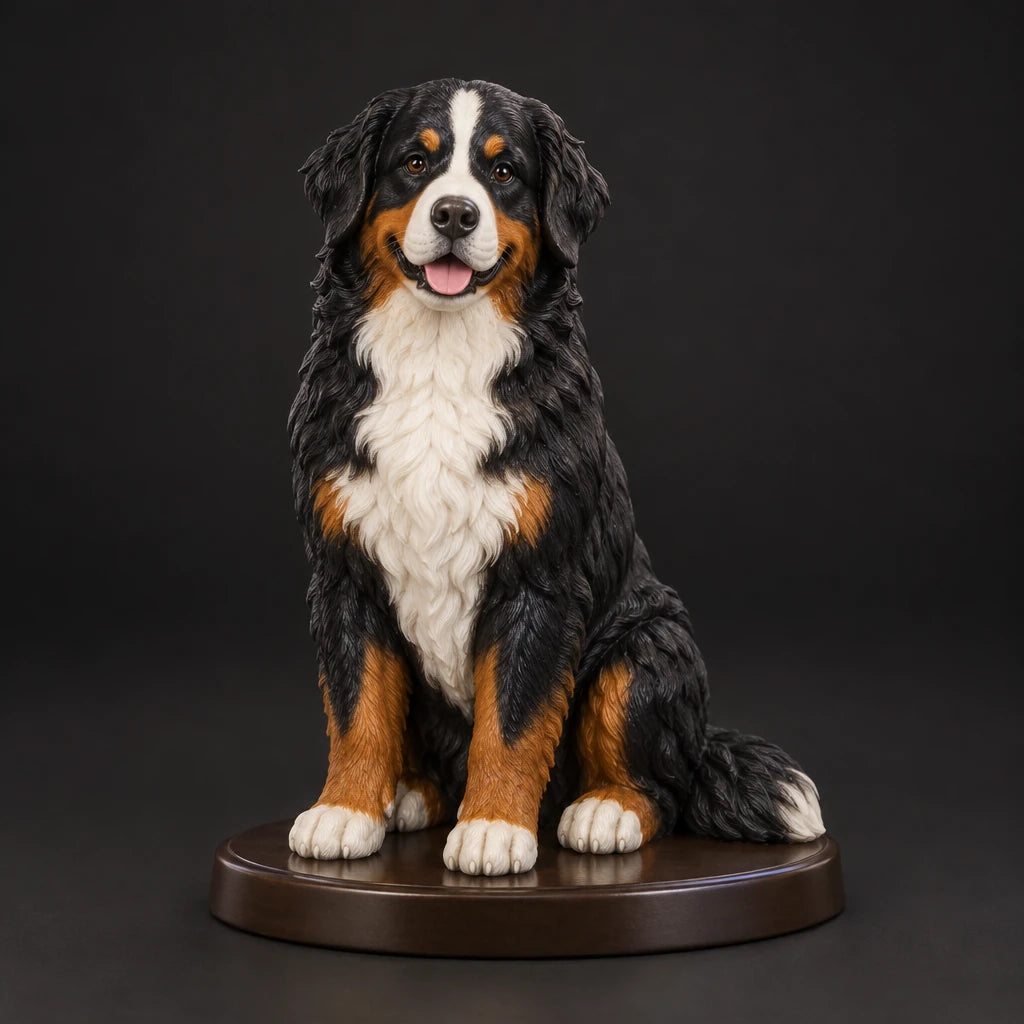 Bernese Mountain Dog figurine in sitting happy pose, studio view