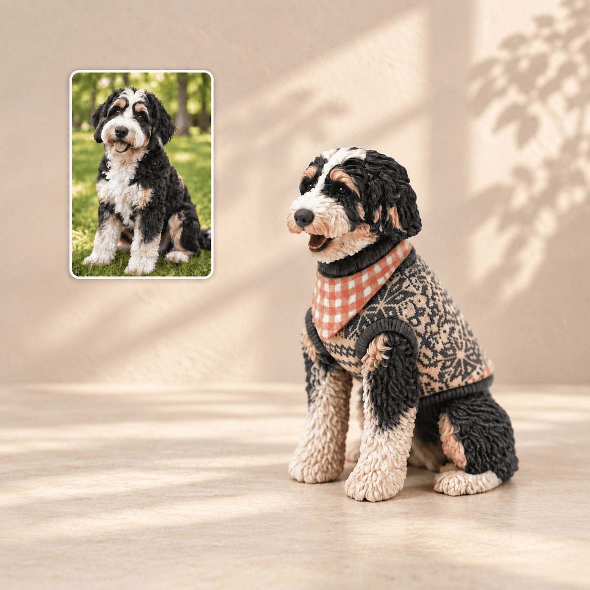 Actual tricolor dog figurine wearing a patterned sweater