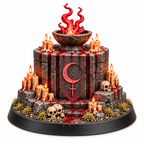 Blood moon ritual altar terrain miniature surrounded by candles and skulls.