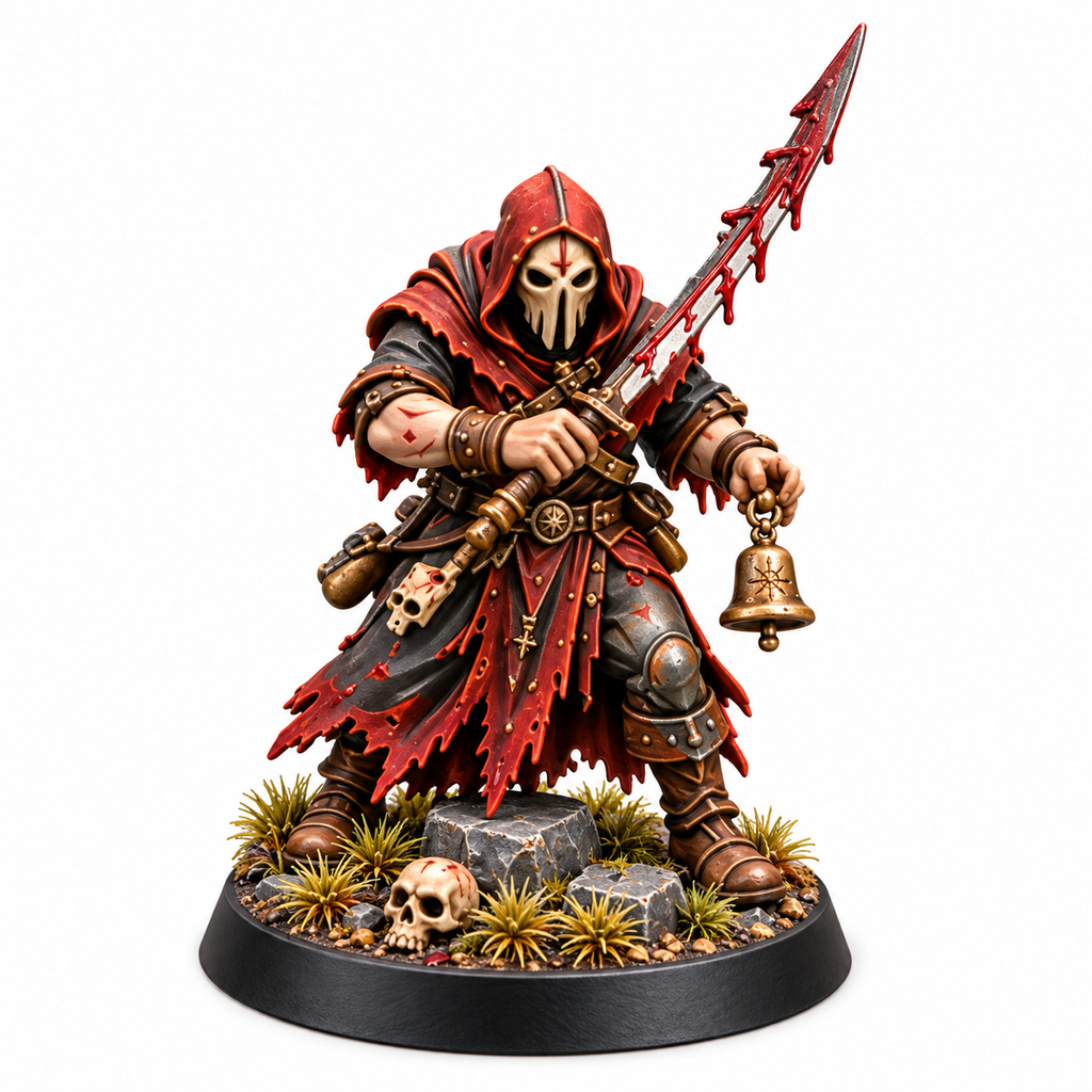 Masked blade acolyte miniature drawing a jagged red sword.