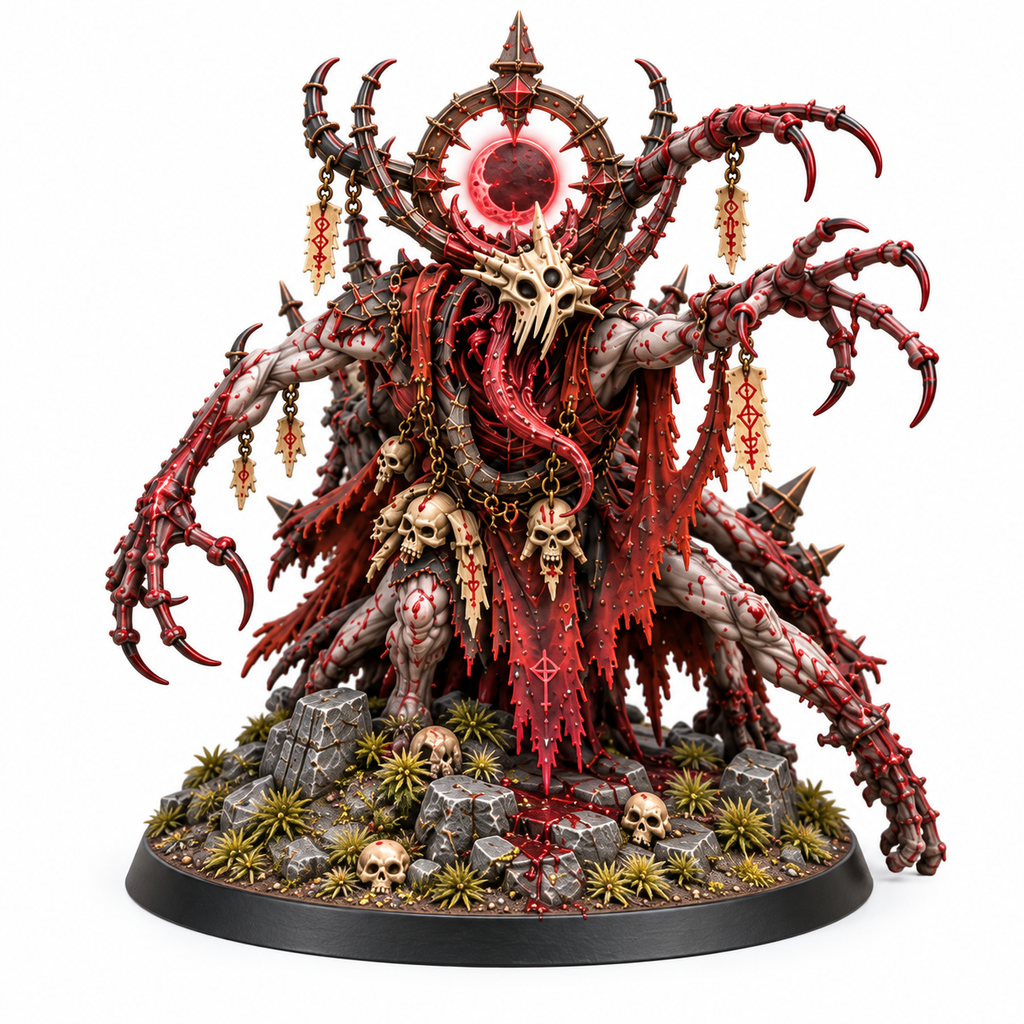 Eldritch blood horror miniature with branching limbs and a crimson halo.
