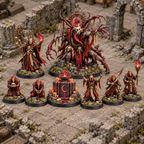 Eight miniatures from the Blood Moon Ritual set arranged on a ruined tabletop.