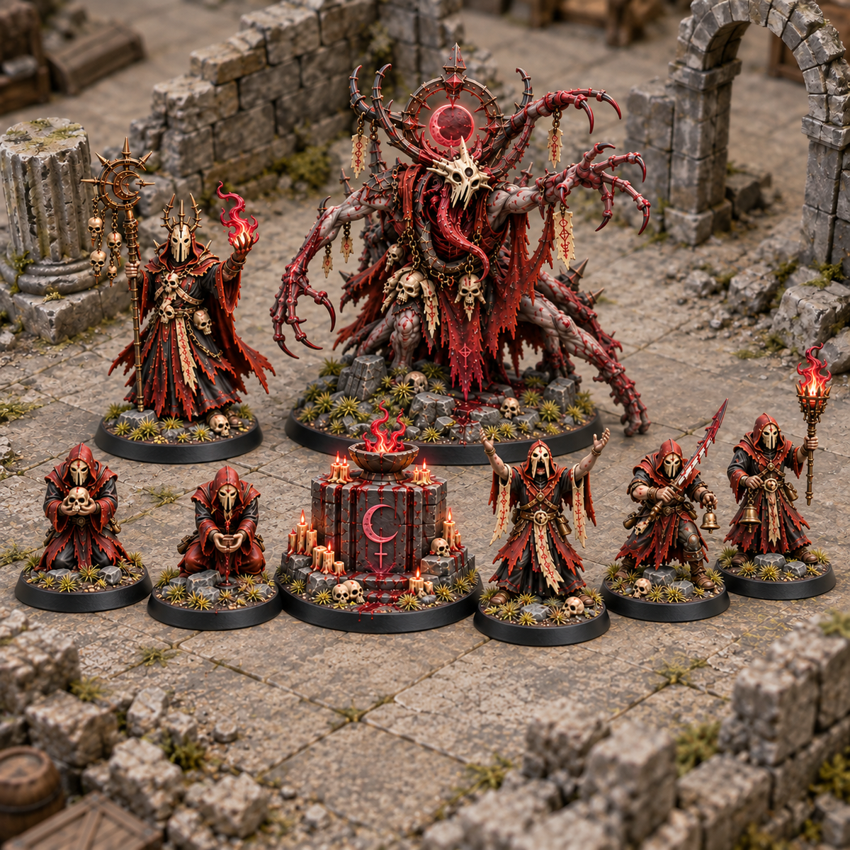 Eight miniatures from the Blood Moon Ritual set arranged on a ruined tabletop.
