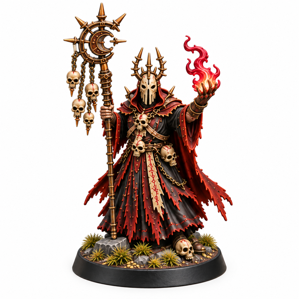 Blood moon high priest miniature holding a ritual staff and red flame.