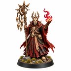 Blood moon high priest miniature holding a ritual staff and red flame.