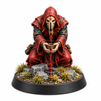 Kneeling masked acolyte miniature with hands extended over a rocky base.