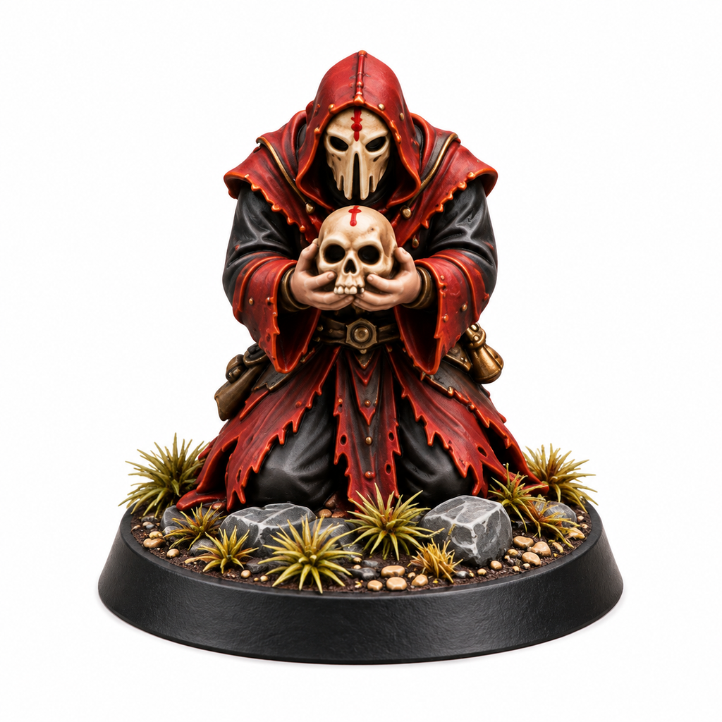 Hooded skull bearer miniature holding a skull in both hands.