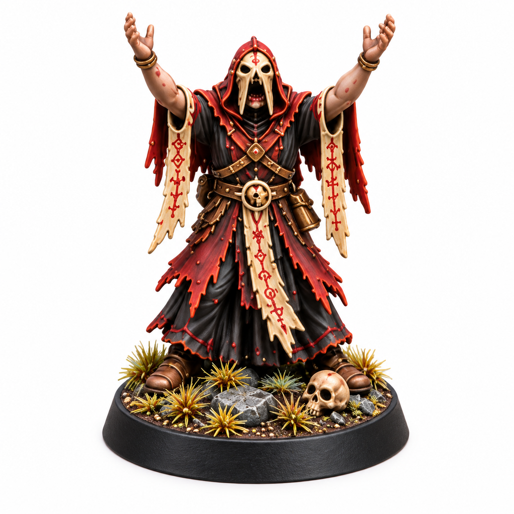 Masked ritual summoner miniature raising both arms above a skull-lined base.