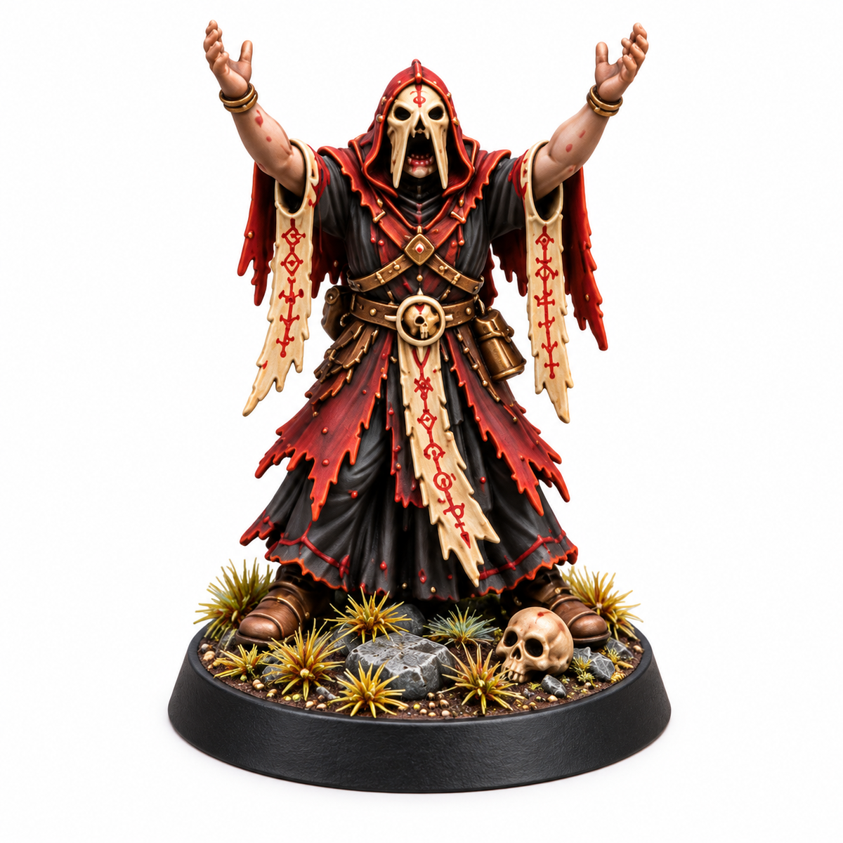 Masked ritual summoner miniature raising both arms above a skull-lined base.