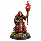 Masked torch bearer miniature carrying a red ritual flame and bell.