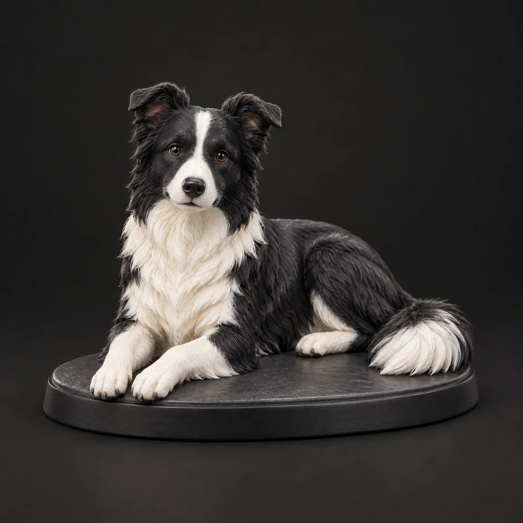 Border Collie figurine in lying relaxed pose, studio view
