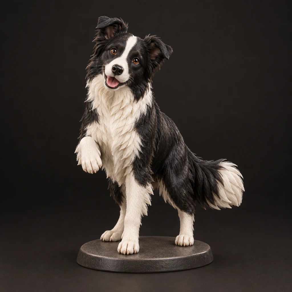 Border Collie figurine in paw up pose, studio view