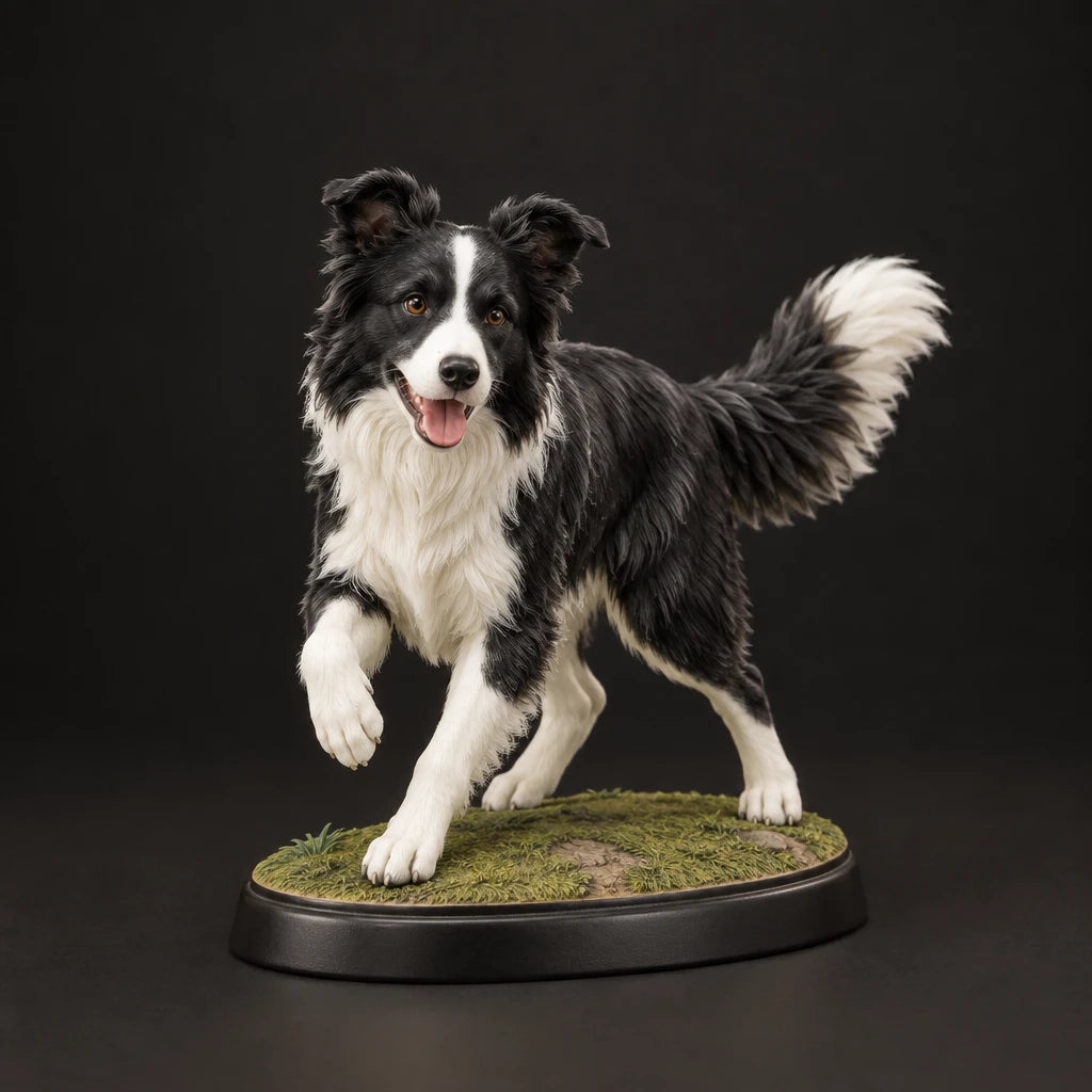 Border Collie figurine in playful run pose, studio view