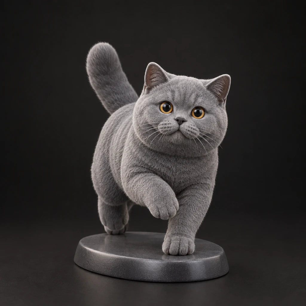 British Shorthair figurine in playful run pose, studio view