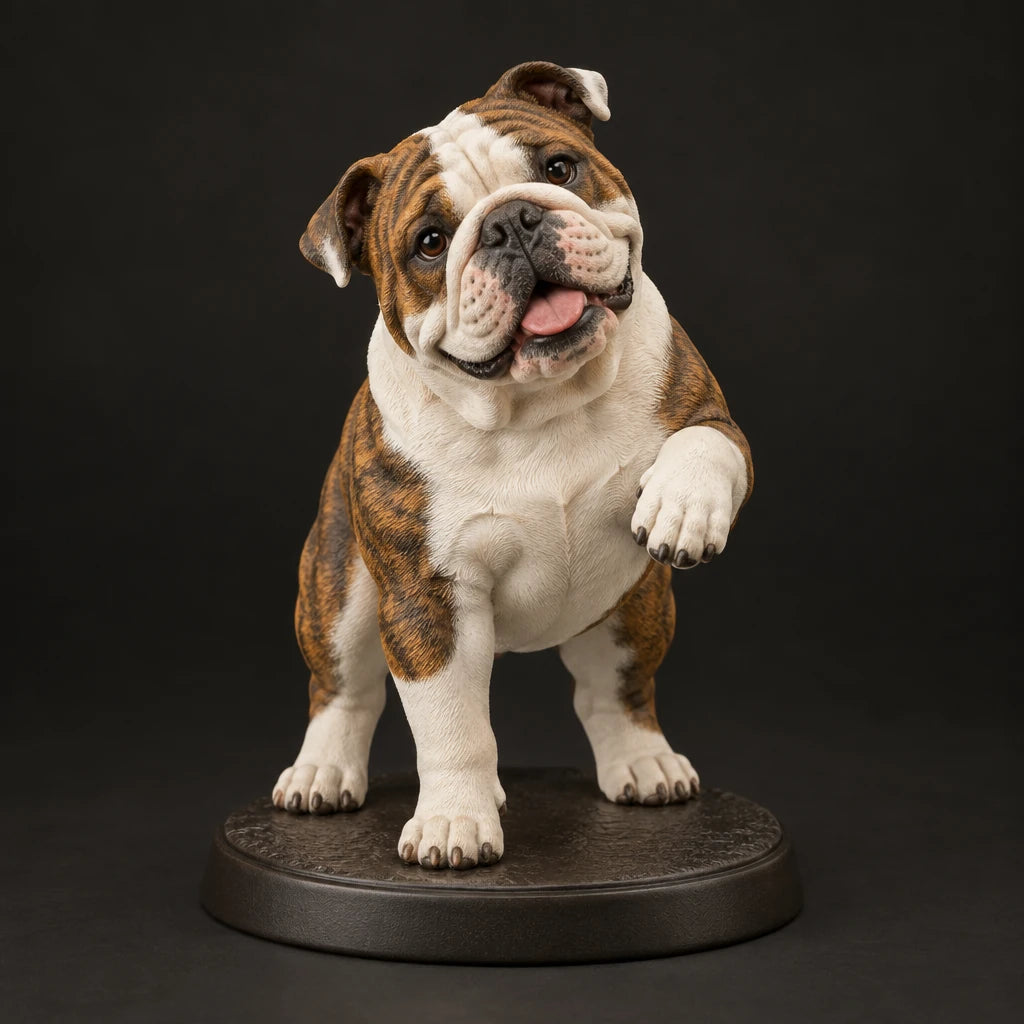 Bulldog figurine in paw up pose, studio view