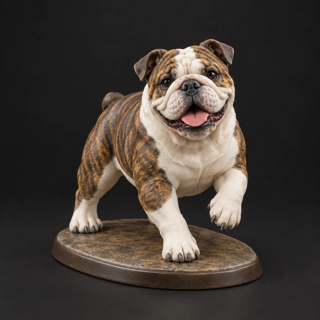 Bulldog figurine in playful run pose, studio view