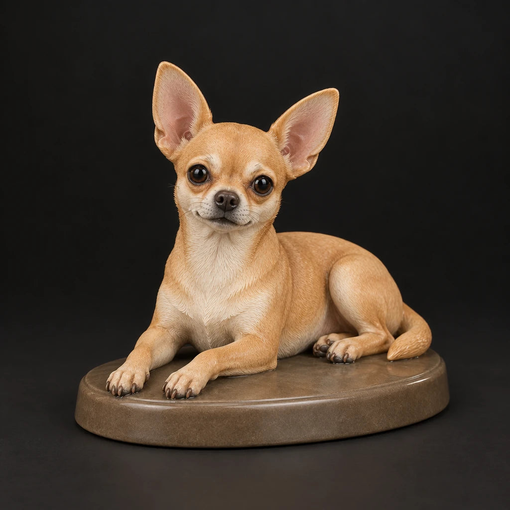 Chihuahua figurine in lying relaxed pose, studio view