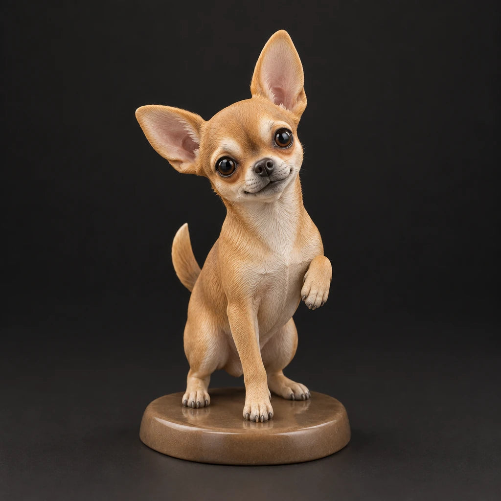 Chihuahua figurine in paw up pose, studio view