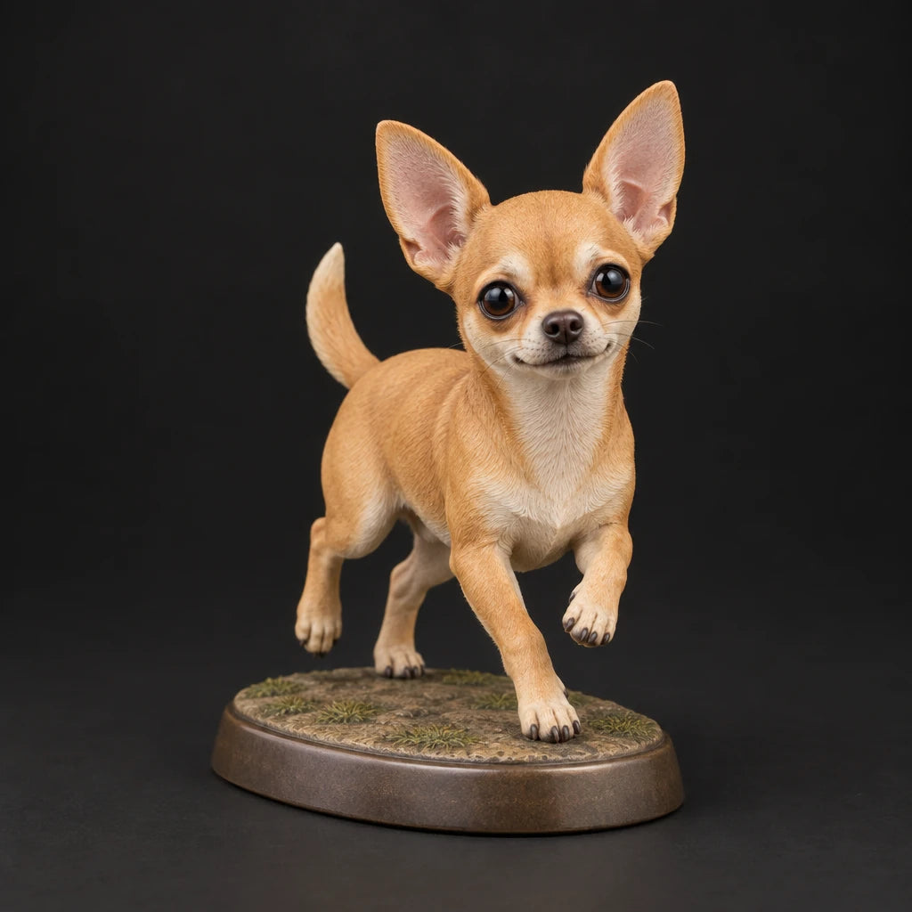 Chihuahua figurine in playful run pose, studio view