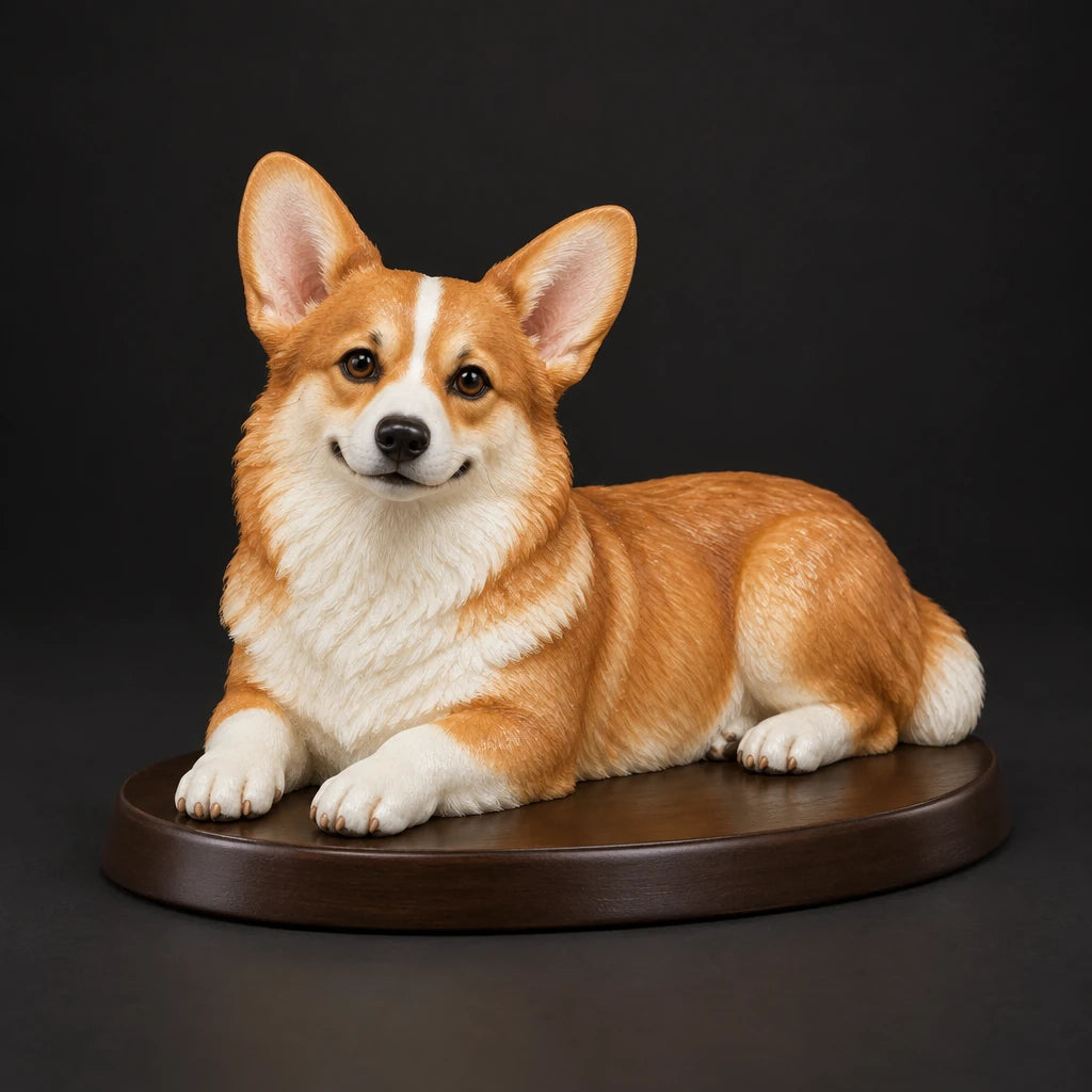 Corgi figurine in lying relaxed pose, studio view