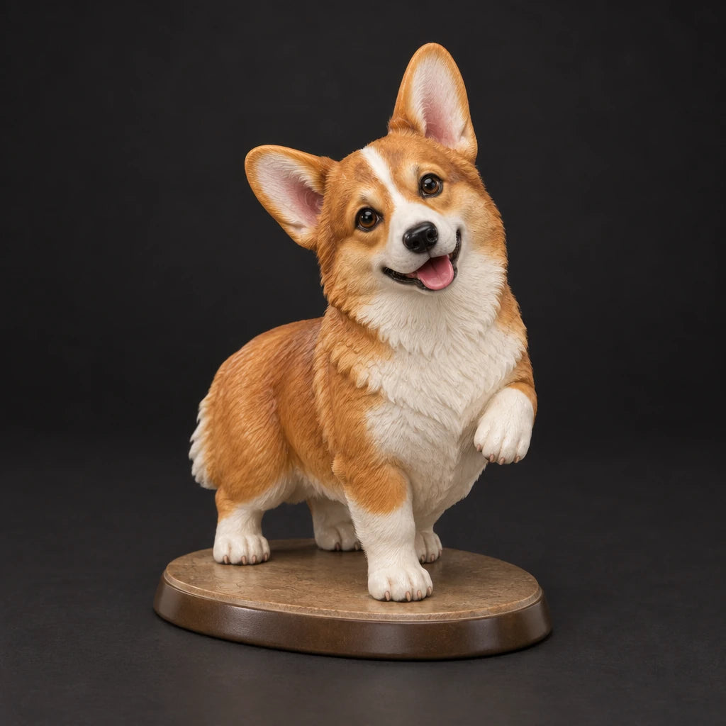 Corgi figurine in paw up pose, studio view