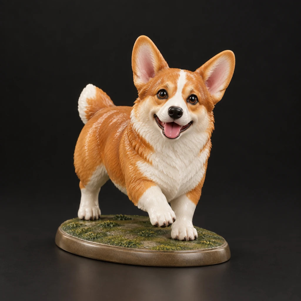 Corgi figurine in playful run pose, studio view