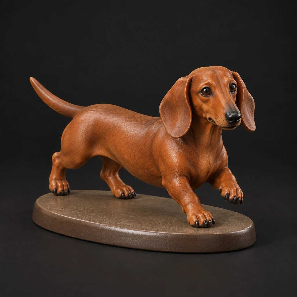 Dachshund figurine in playful run pose, studio view