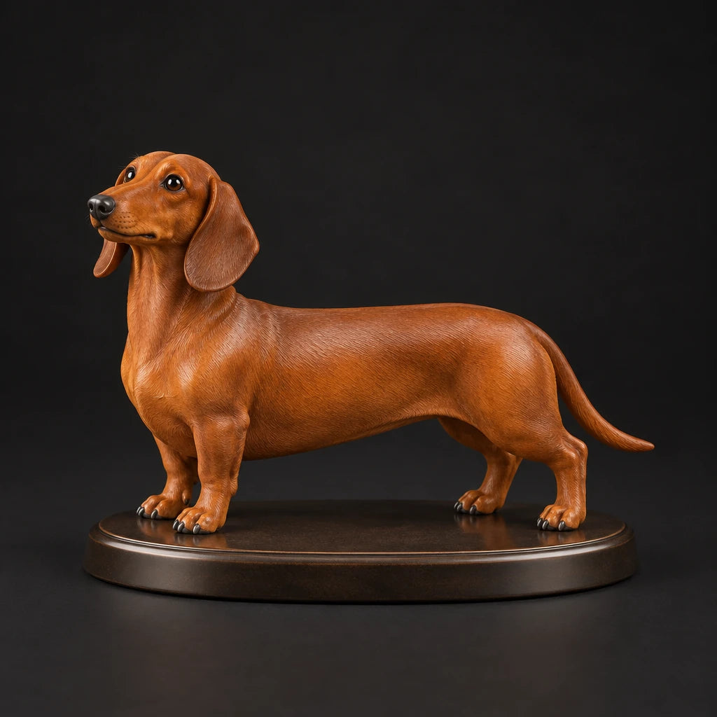 Dachshund figurine in standing alert pose, studio view