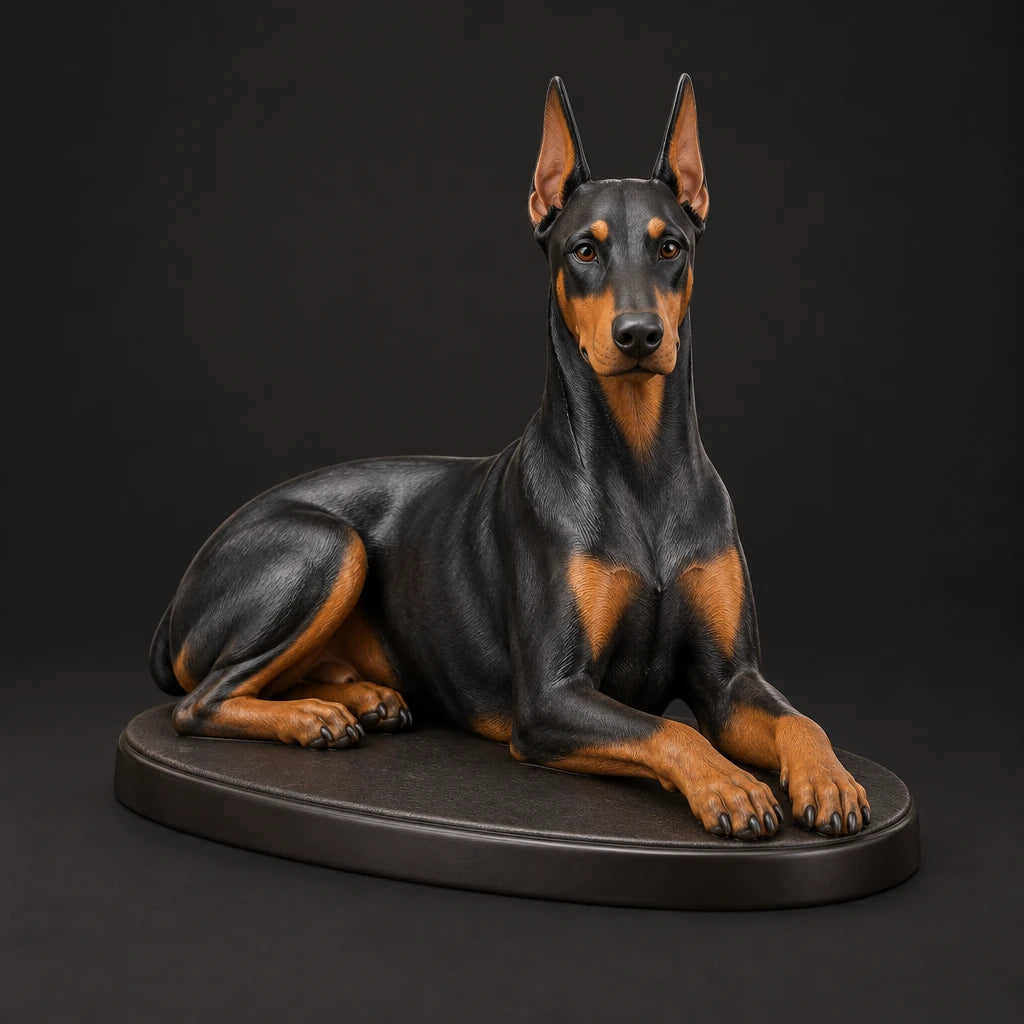 Doberman figurine in lying relaxed pose, studio view