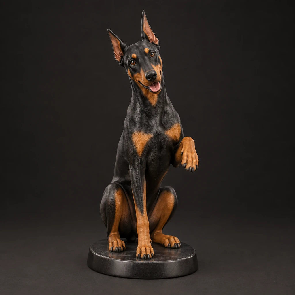 Doberman figurine in paw up pose, studio view