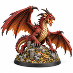 Adult red dragon miniature perched on treasure and broken stonework.
