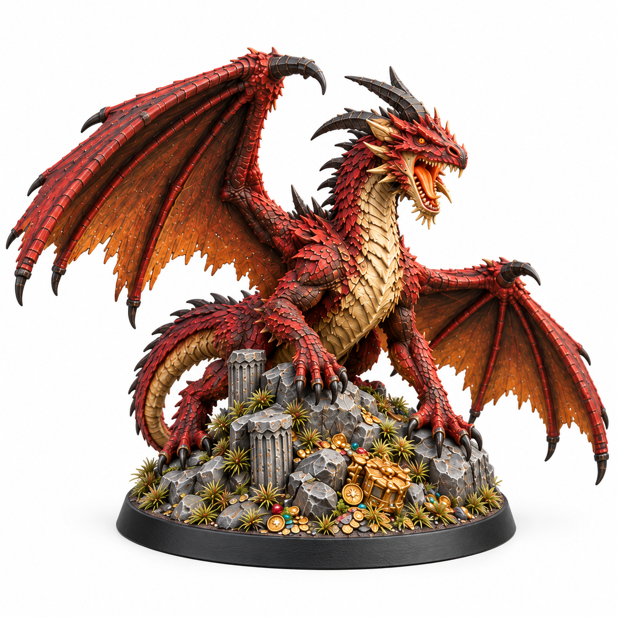 Adult red dragon miniature perched on treasure and broken stonework.