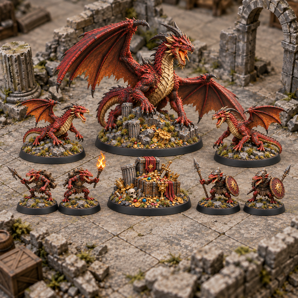 Eight miniatures from the Dragon’s Hoard encounter set arranged on a ruined tabletop.