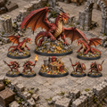 Eight miniatures from the Dragon’s Hoard encounter set arranged on a ruined tabletop.