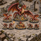 Eight miniatures from the Dragon’s Hoard encounter set arranged on a ruined tabletop.