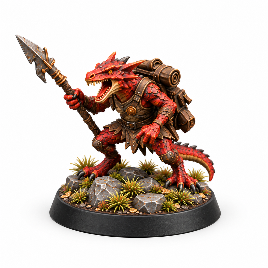 Dragonkin raider miniature carrying a long polearm and travel pack.