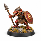 Dragonkin shield guard miniature with a spear and sun-emblem shield.